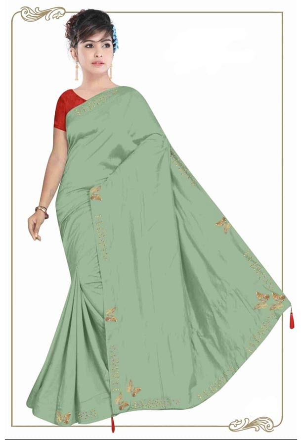 WOMEN SYNTHETIC SATIN SAREE WITH BLOUSE-GREEN-DF TITLI 2019