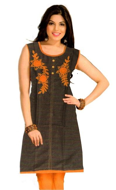 ECCHA 10637 - Black/ Orange Cotton Stitched Kurti