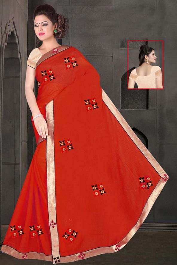 WOMEN SAREE WITH BLOUSE-RED-DF JULY GUNGHAT 01