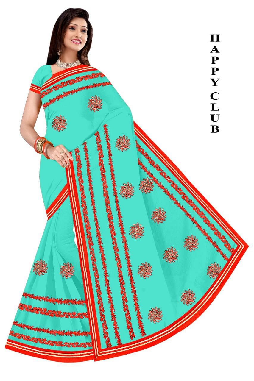 WOMEN SAREE WITH BLOUSE-SEA GREEN-DF HAPPY CLUB 2019