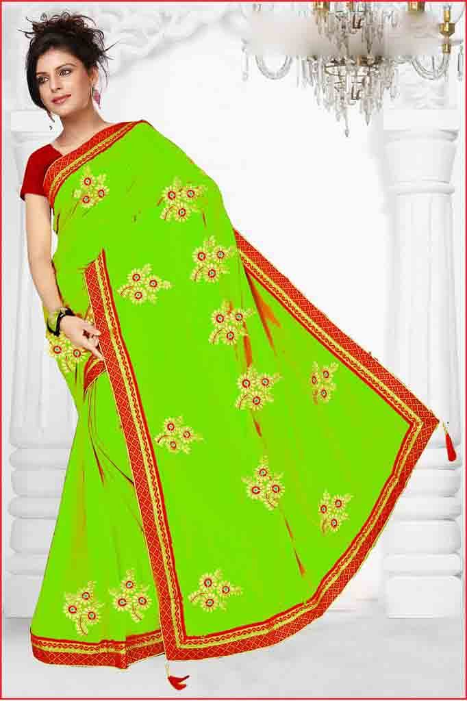 WOMEN SAREE WITH BLOUSE-PARROT GREEN-DF HEROINE 01