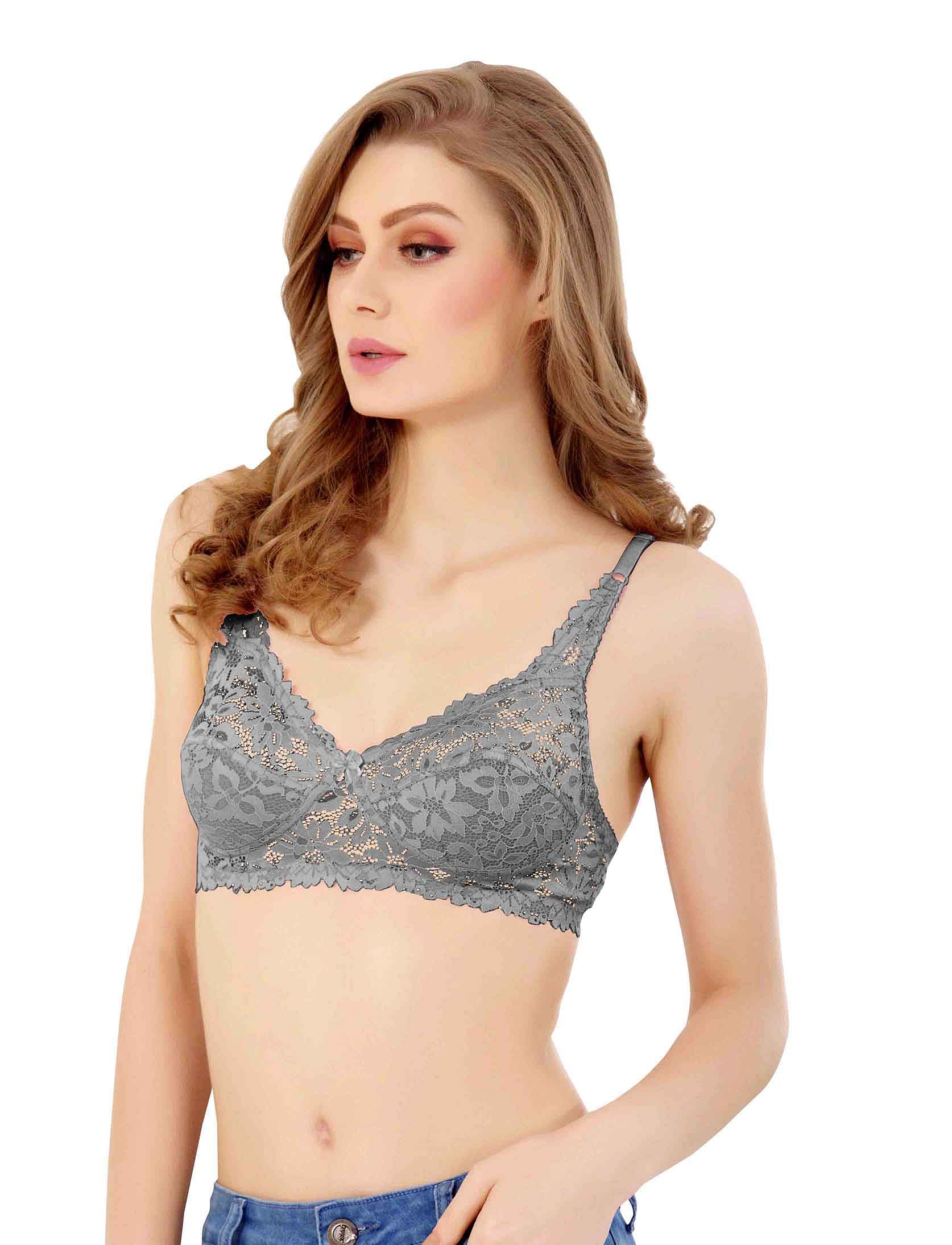 Half sheer Floral lace bra-KS030-Grey