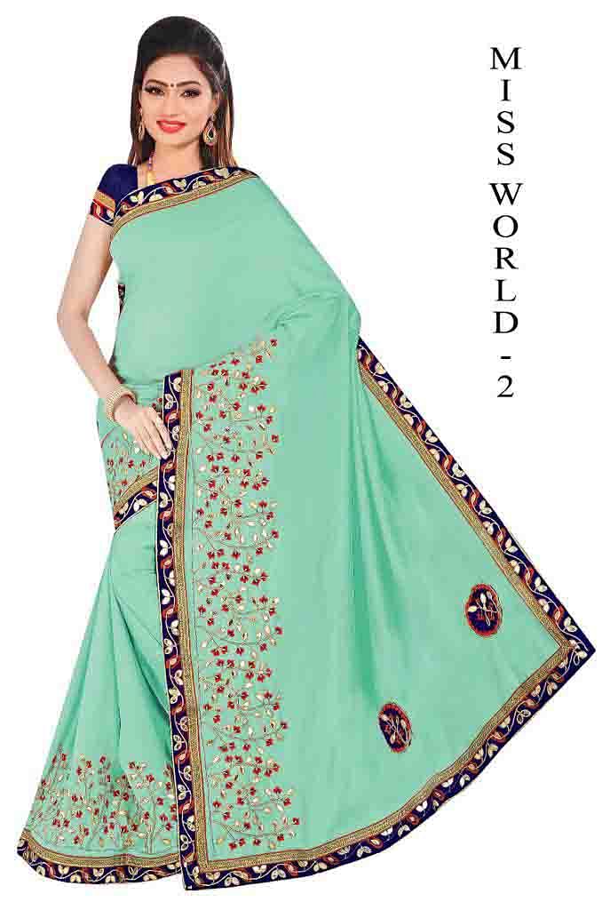 WOMEN SAREE WITH BLOUSE-SEA GREEN-DF MISS WORD 01