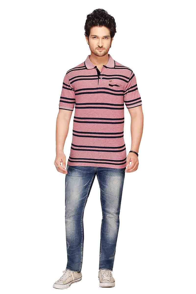 RE STRIPE D 20-NAVY PINK POLO T SHIRT WITH POCKET