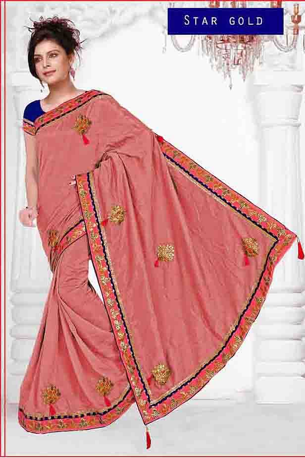 WOMEN SAREE WITH BLOUSE-PINK-DF STAR GOLD 01